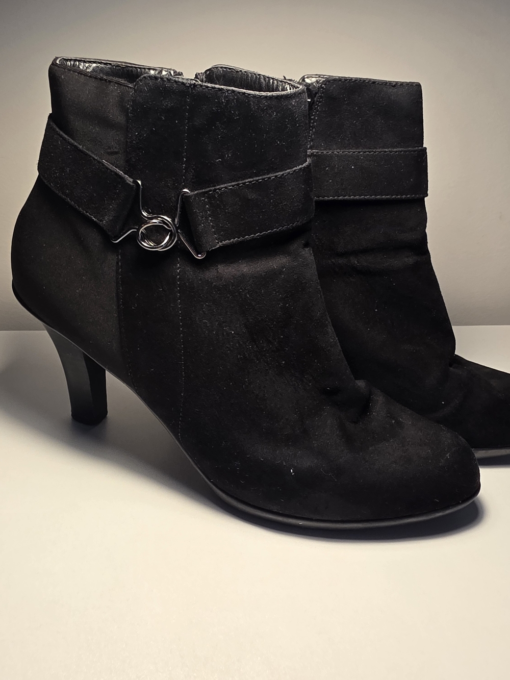 Women's Black Suede Ankle Booties with Decorative Ring